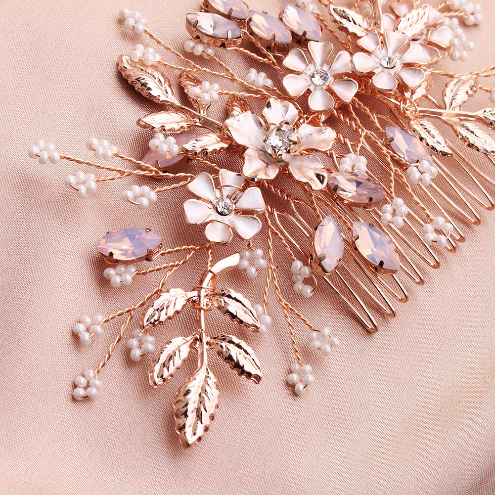 Roségold Legierung Blume einzigartige Haarkamm Braut Hochzeit Kopf bedeckungen Haarschmuck Zubehör Urlaub Haars pangen für Frauen – Detail 13