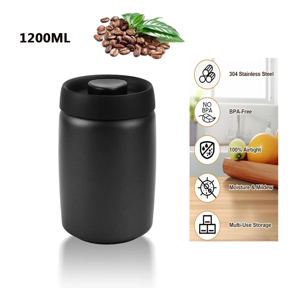 1200ML Vacuum Coffee Canister 304 Stainless Steel Grains Candy Storage Jug Keep Fresh Moisture-proof Airtight Food Container