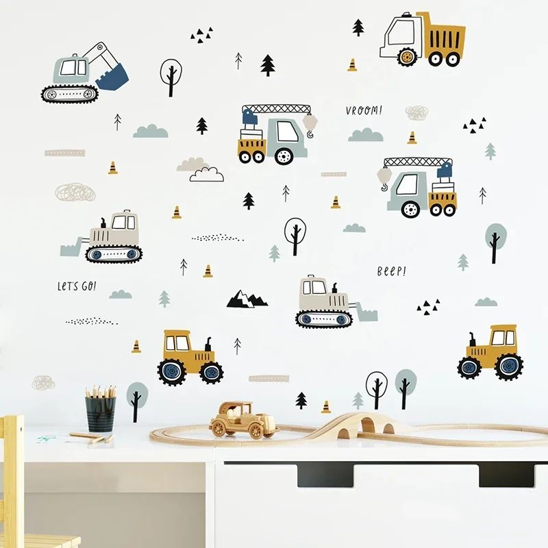 Wall Stickers Hand Drawn Cute Cars Cargo Truck Elements for Kids Room Baby Teen Room Playroom Kindergarten Nursery