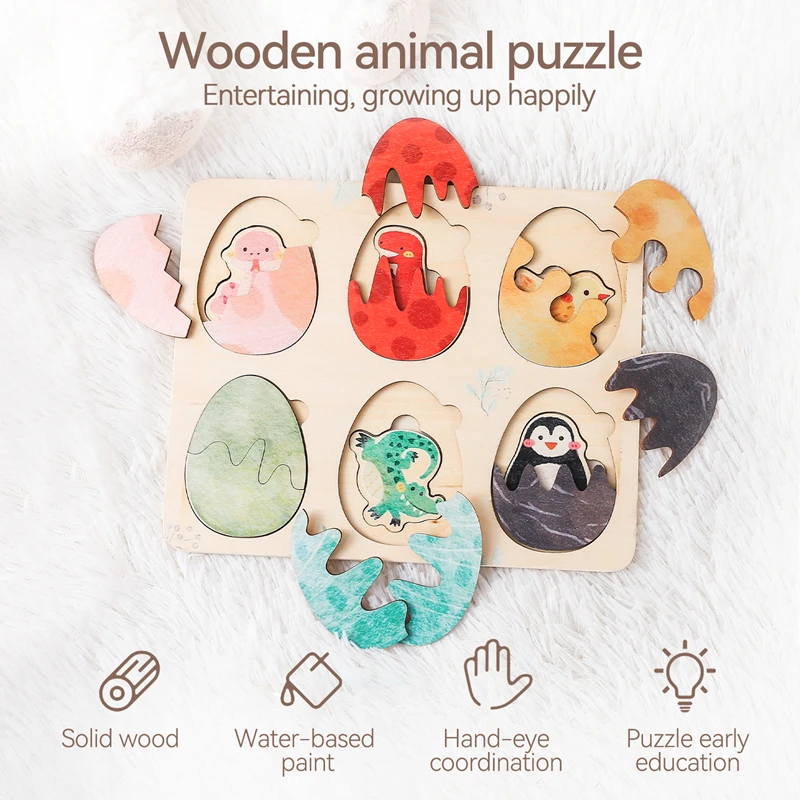 Baby Toys Montessori Wooden Puzzles Kids Cartoon Egg Shape Toys Hand Grab Board Animals Cognition Learning Educational Toys Gift 2
