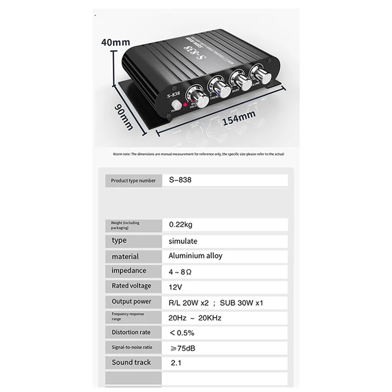 【슈퍼딜】Auto-Partner S-838 2.1CH 오디오 전력 증폭기, RMS 30WX2+40WX1 클래스 D 스테레오 디지털 오디오 앰프(서브우퍼 출력 포함)