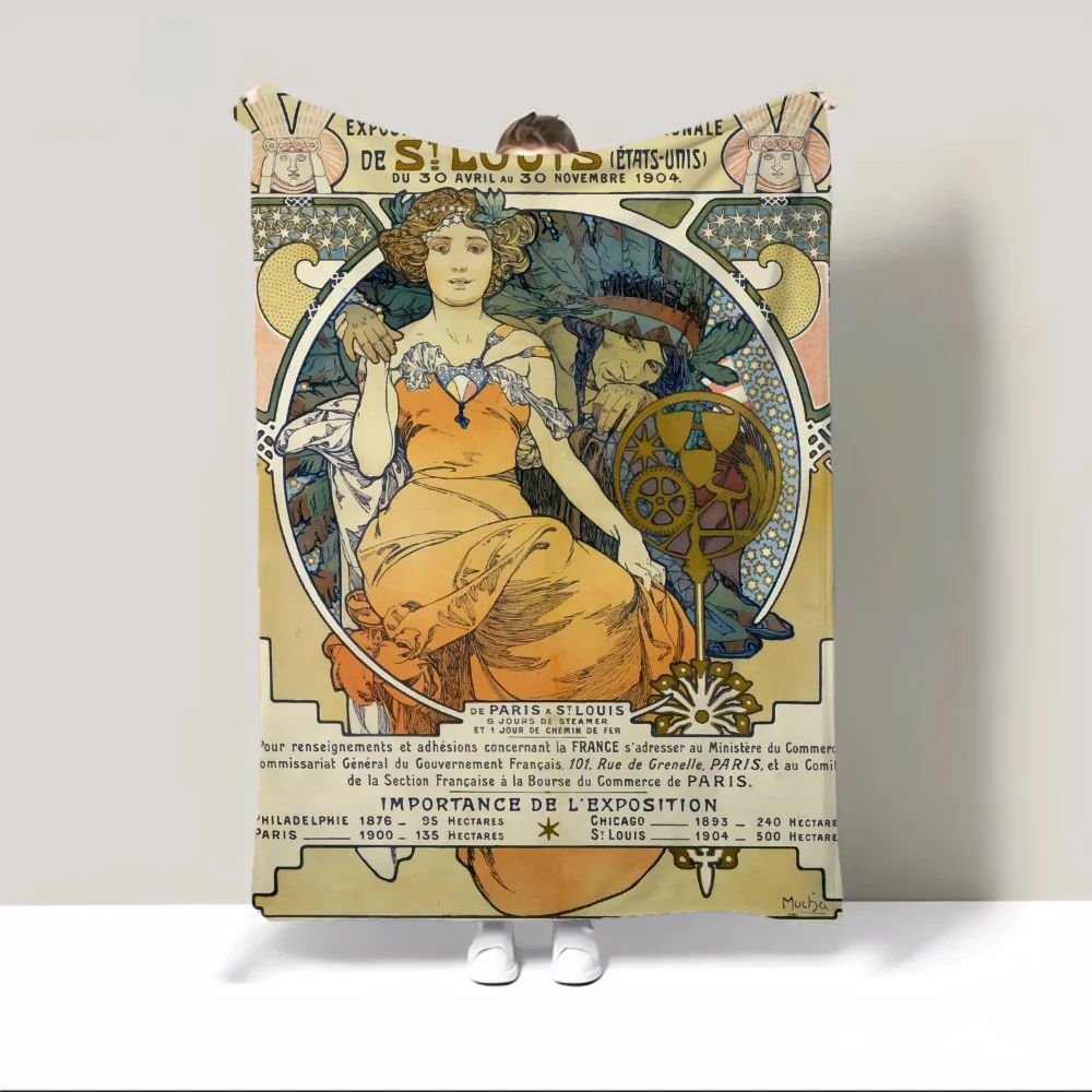 Alphonse Mucha 따뜻한 담요, 푹신하고 부드러운 담요, 캐릭터 홈 인테리어, 럭셔리 침구, 비치 타올, 니트 격자 무늬