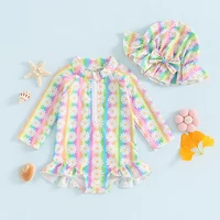 Little Girl Swimwear Set Zip Up Round Neck Long Sleeve Rash Guard Floral Swimsuit Bow Sun Hat Toddler Bathing Suit Outfits 6M-5T 3