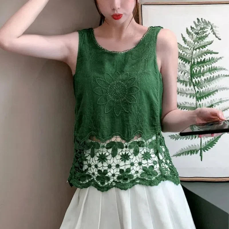 여성용 2024 O넥 자수 스플라이싱 풀오버, 할로우 아웃 패션, 단색 슬림 민소매, 올매치 조끼 탑, 여름 신상 