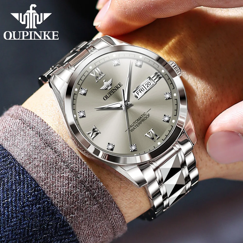 OUPINKE 3262 Mechanical Watch For Men Luxury Original Dual Calendar Waterproof Man Wristwatch Diamond Scale Business Dress Watch