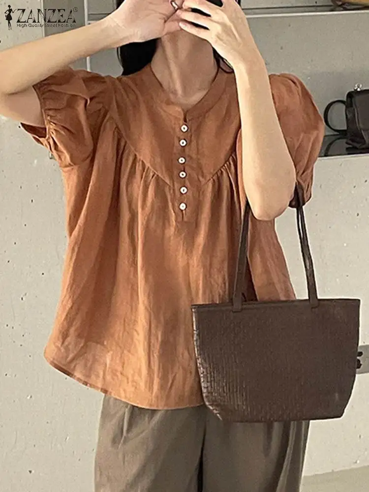 

ZANZEA 2023 Woman Casual Cotton Blouse Summer Fashion Solid Shirt Female Vintage OL Stand Collar Puff Sleeve Tunic Top Oversized