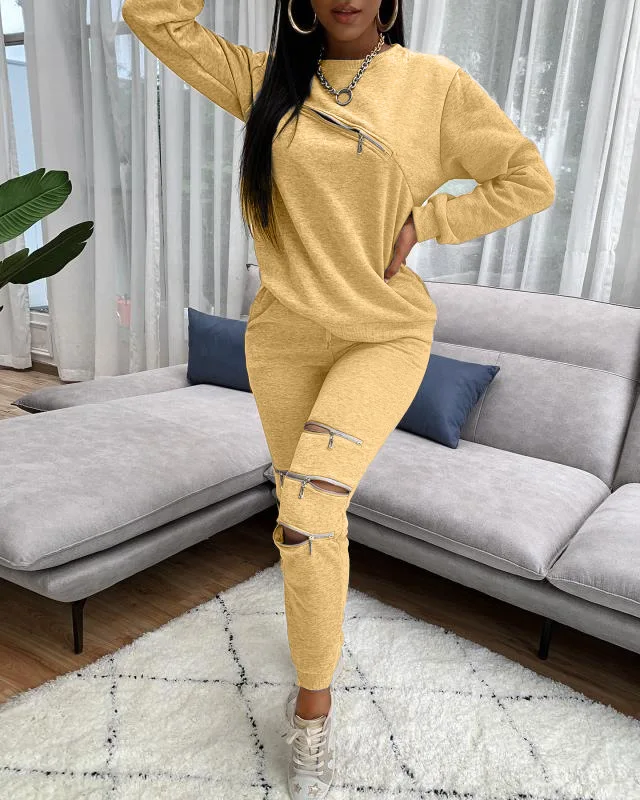 European and American women's fashion autumn and winter new casual personality zipper solid color sweater two-piece suit women