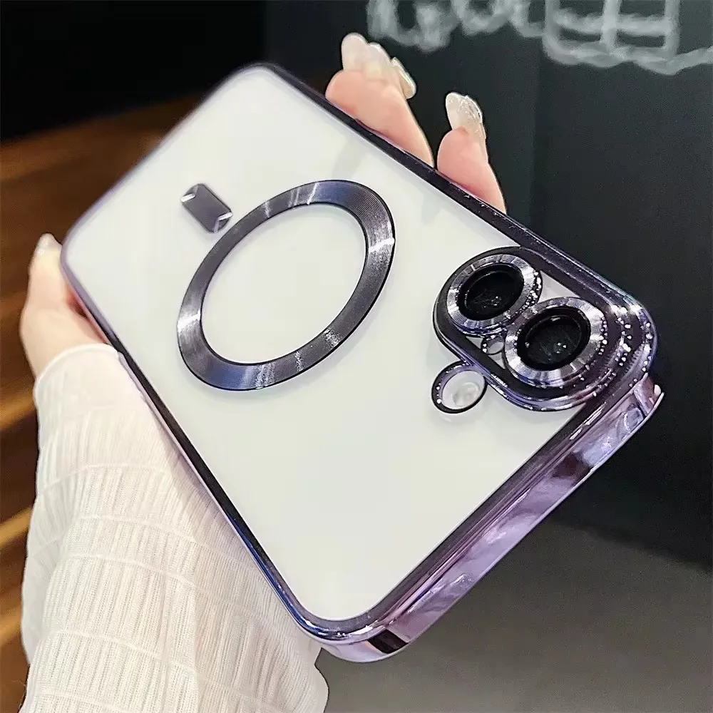 Pour étui transparent Magsafe pour iPhone 11 12 13 14 15 16 Pro Max Plus 12 13 Mini avec film d'objectif en verre, coque souple antichoc_voghion.com