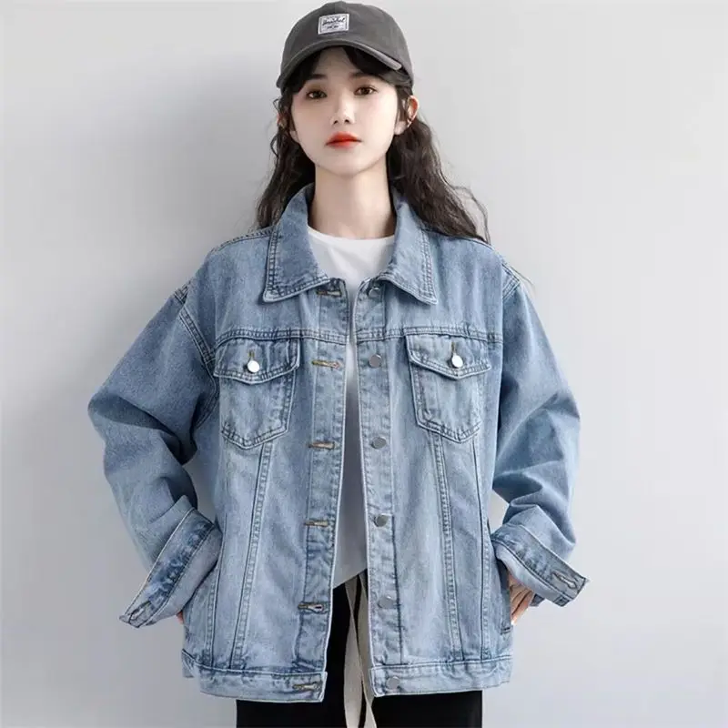 Women Cotton Denim Coat Fall Winter Korean Vintage Casual Oversize Blue Jackets Trend Loose Lapel Long Sleeve Wild Outwear аэрозольная краска molotow premium belton 400 мл 101 wild wane blue