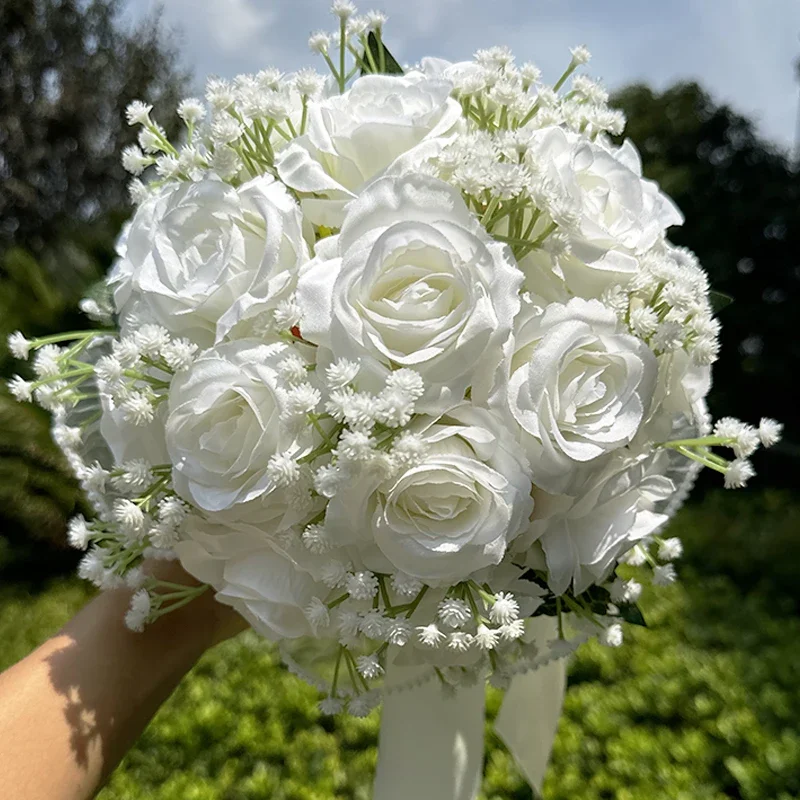 Wedding Bouquets for Bride Artificial Rose Bouquet Silk Bride Hand Holding Pearl Lace Flower Bouquet for Valentines Day Decor wedding bouquets artificial rose flowers wedding flower decoration