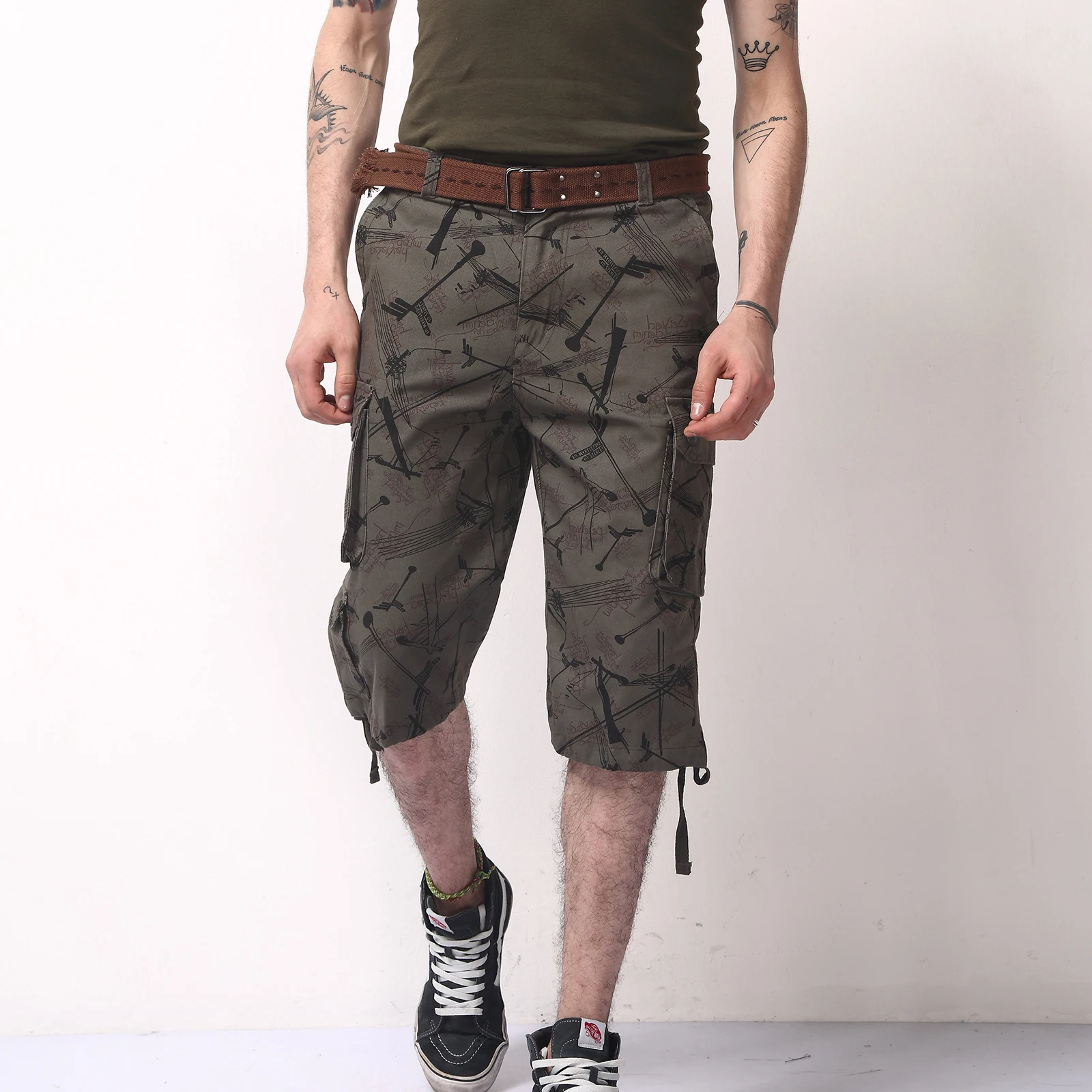 Men's Capri Pants Cargo Shorts Below Knee Cotton Sport Tactical Military Running Utility 7 Pockets Dungaree Male Summer Shorts
