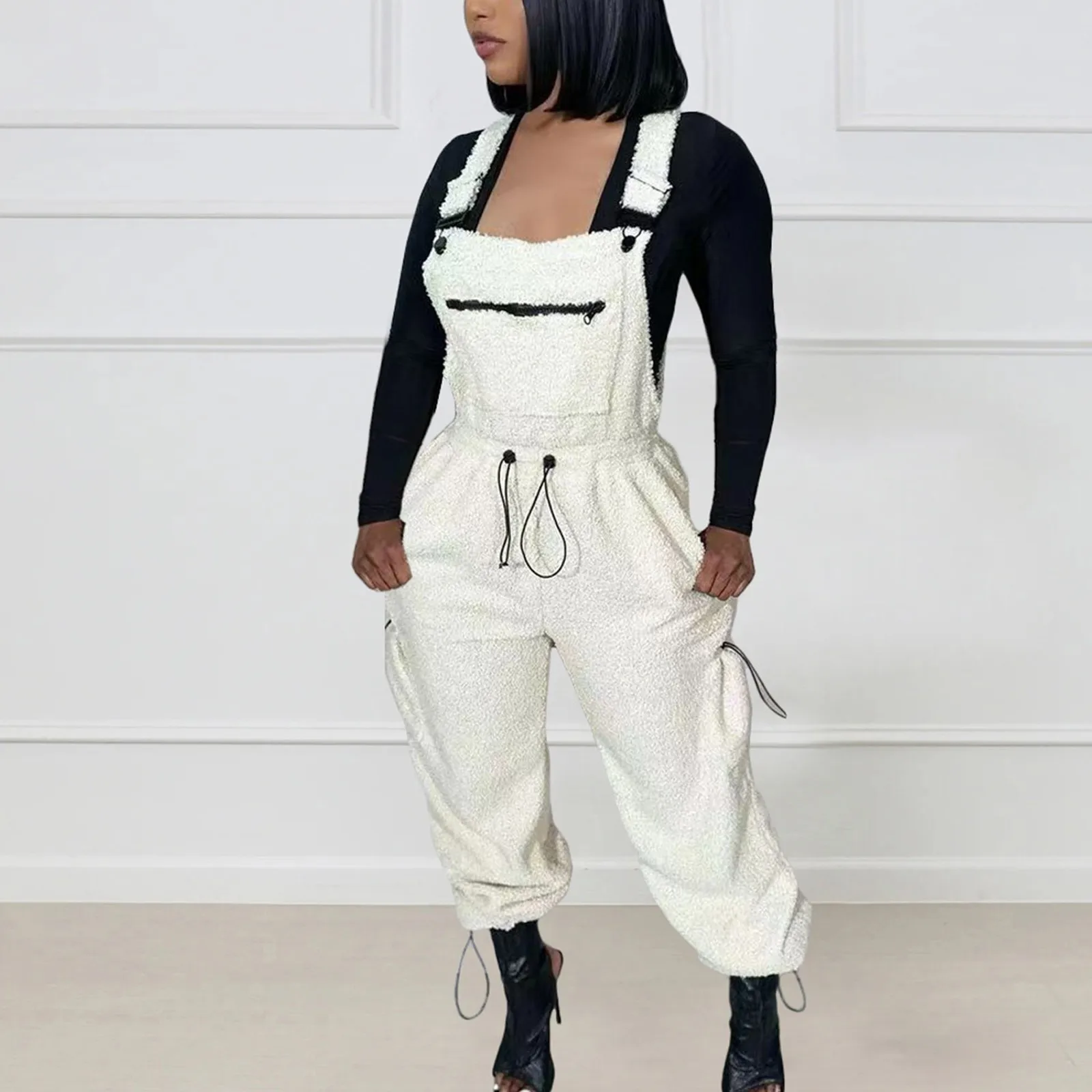 

Womens Fleece Overalls One-Piece Bibs Jumpsuits Adjustable Suspender Straps Warm Winter Fuzzy Ski Pants Pantalones De Mujer