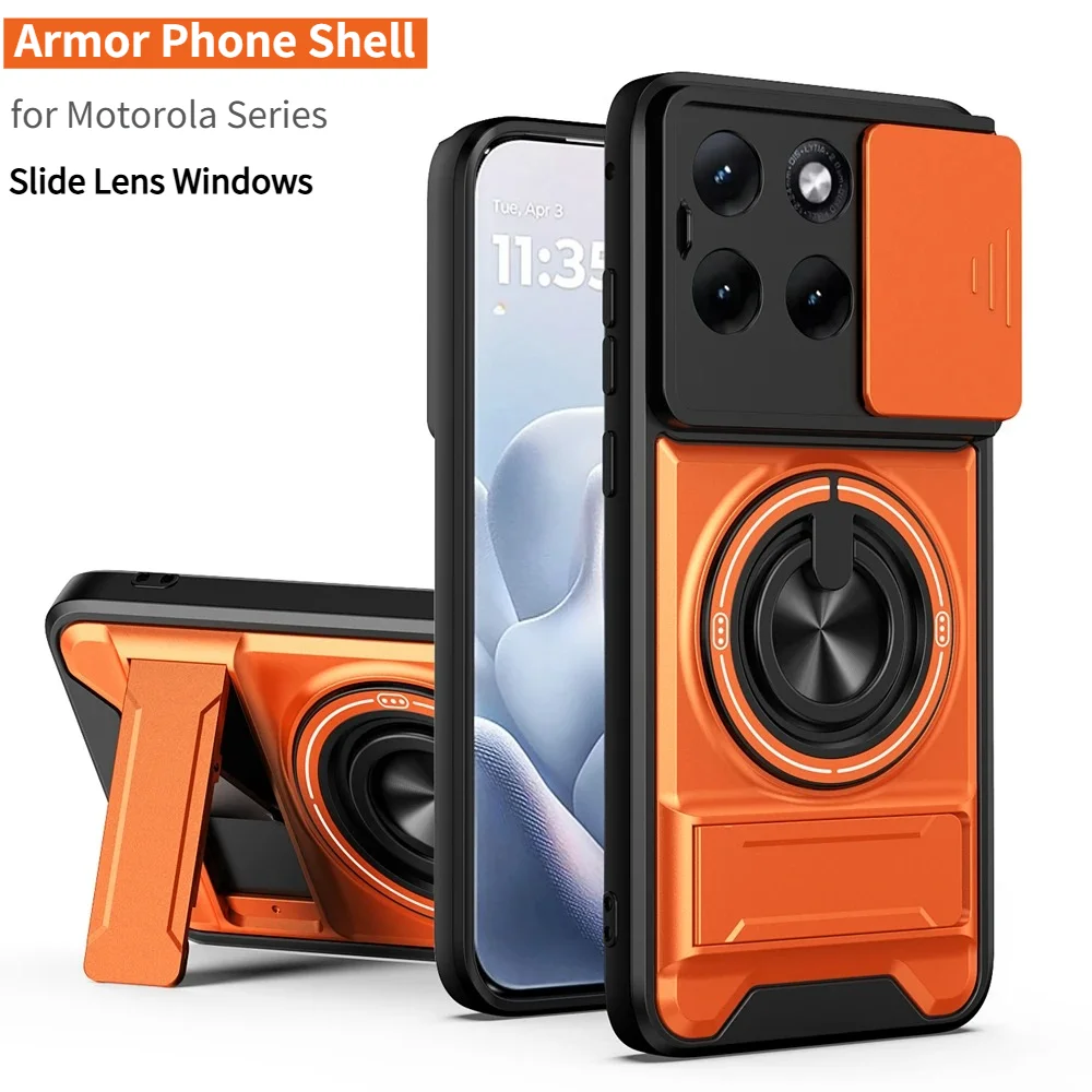 Magnetic Ring Bracket Armor Phone Case with Slide Lens Cover