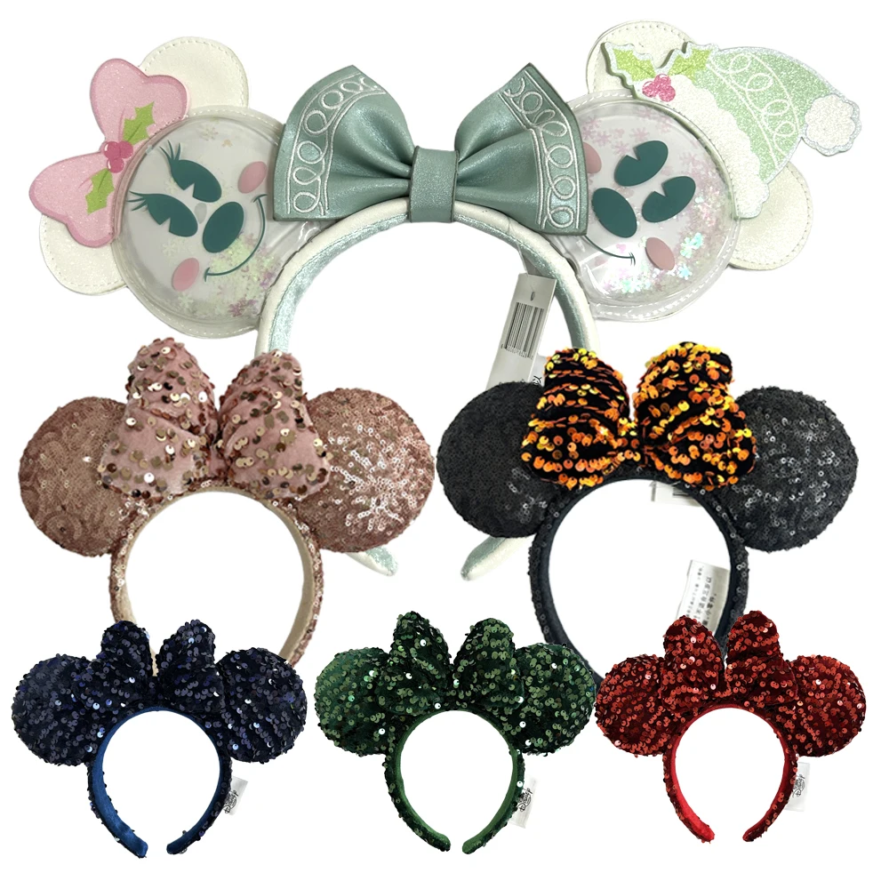 2025 Disney Einfarbiges Minnie-Maus-Ohr-Stirnband, große Pailletten-Haarbänder, Party, Weihnachten, Halloween, Cosplay-Kostüm für Mädchen