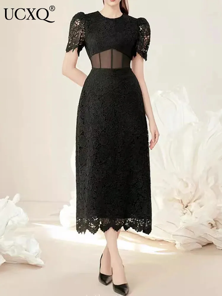 

UCXQ Elegant Black Lace Hollow Out Long Dress Fairy Style Waist O Neck Short Sleeve Dresses For Women 2024 Spring Summer 23A8610