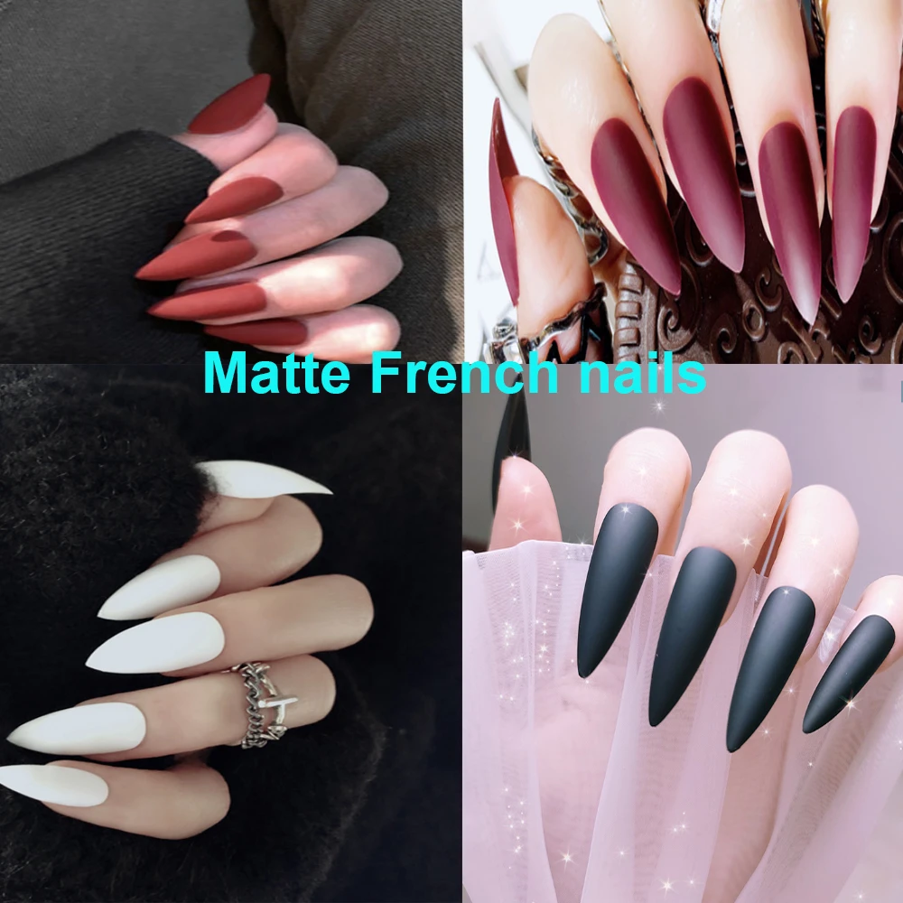 20 piezas uñas postizas de color nude, puntas de manicura acrílicas mate,  diseños de formas puntiagudas francesas, color azul puro y negro, kits de  cápsula| | - AliExpress