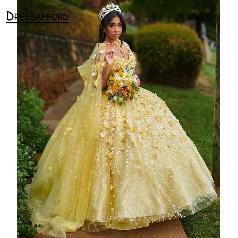 Tulle Light Yellow Quinceanera Dresses Crystal Ball Gown Birthday Party