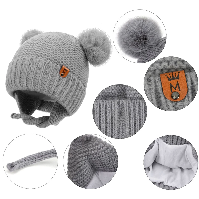 Winter Baby Hat Windproof Toddler Bonnet Cute Pompom Knitted Hats Newborn Beanies Cap Outdoor Warm Infant Accessories 0-2 Years 5
