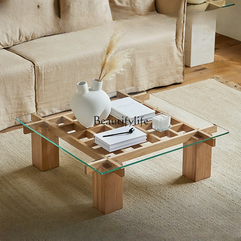 

Checkered Solid Wood Glass Coffee Table Living Room Small Apartment Silent Style Log Modern Minimalist