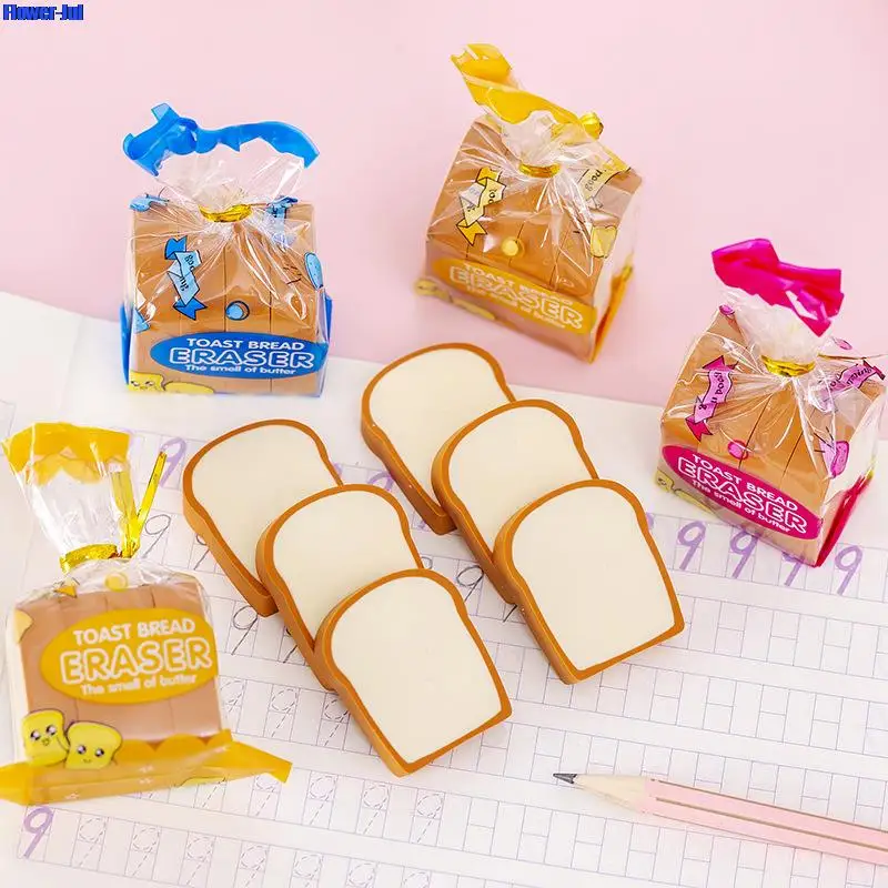 Juego de borrador de comida Kawaii para niños, suministros escolares bonitos, papelería, pan tostado, lápiz de goma, premios