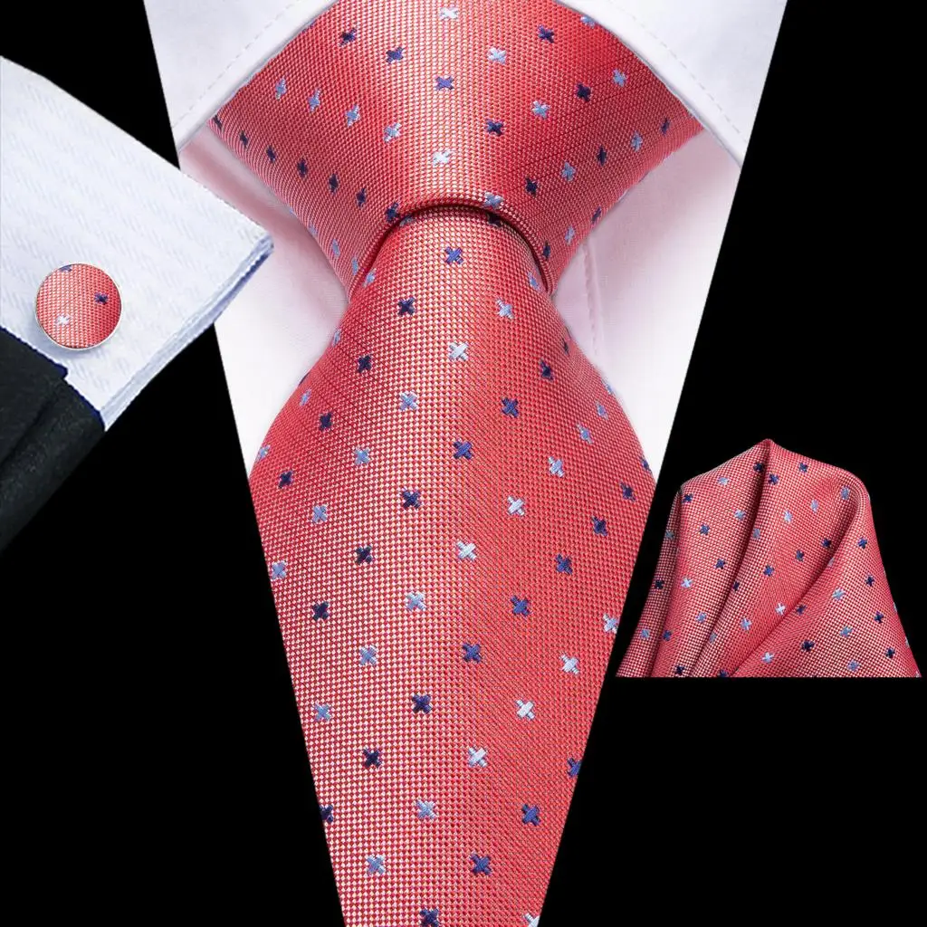 Coral Pink Dot Silk Wedding Tie For Men Handky Cufflink Gift Mens Necktie Fashion Designer Business Party Dropshiping Hi-Tie | Аксессуары
