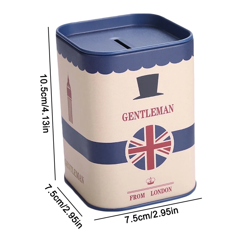 Cute Piggy Bank Metal Square London Gentleman Tinplate Money Saving Case for Adults Kids Girls Boys Jewelry Box Storage 6