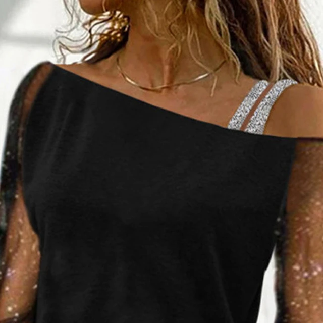 Camiseta de manga larga de malla de encaje para mujer, blusa informal con hombros descubiertos, ropa de alta calidad, Sexy, talla grande, otoño - Image 4