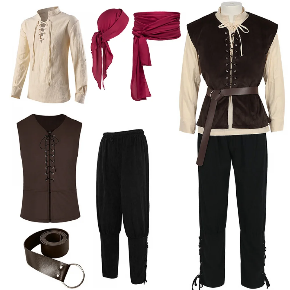 thumbnail image 1 of Disfraz de pirata para hombre, traje de cosplay medieval renacentista, camisa, chaleco, pantalones con banda vikinga, pañuelo para la cabeza con cinturón, traje de Halloween, 6 piezas, 1 of 4