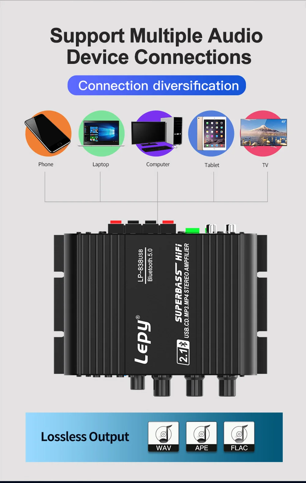 Audio Amplifier LEPY838USB Bluetooth Subwoofer Amplifier Computer 12V Car Home A
