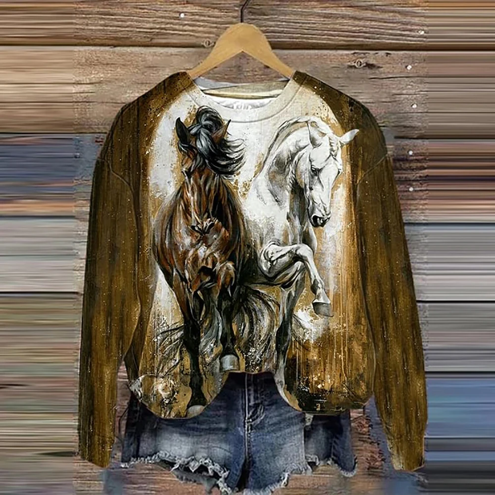 3d Horse Printing Women Hoodie Autumn Pullover O-Neck Vintage Sweatshirts Women Fashion Casual Female Loose Clothes