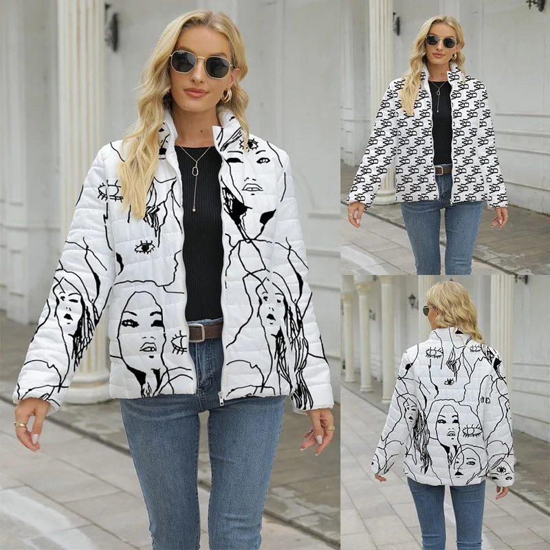 New Autumn and Winter Women's Printed Long-sleeved Casual Jacket Warm Coat Women's Loose Stand-up Collar Zipper Women's Jacket