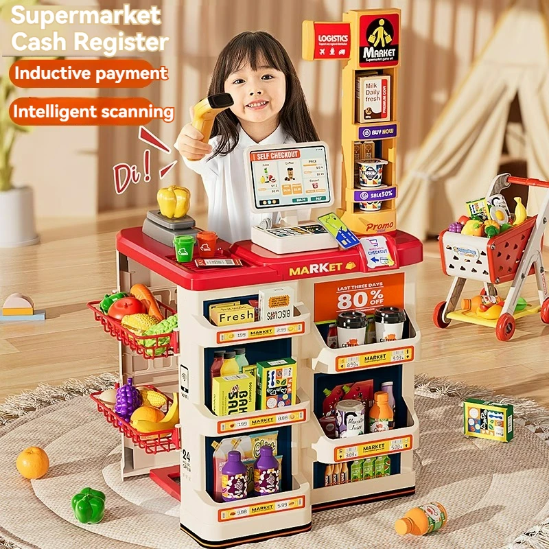 Pretend Play Calculator Cash Register Toys Supermarket Shop Cashier Registers with Scanner Credit Card Christmas Gifts for Kids 4