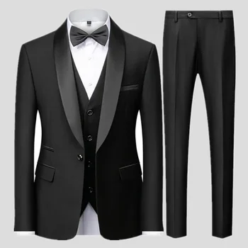 Black Men Autumn Wedding Party Three Pieces Set Large Size Male Blazer Coat Pants and Vest Fashion Slim Fit Suit 1