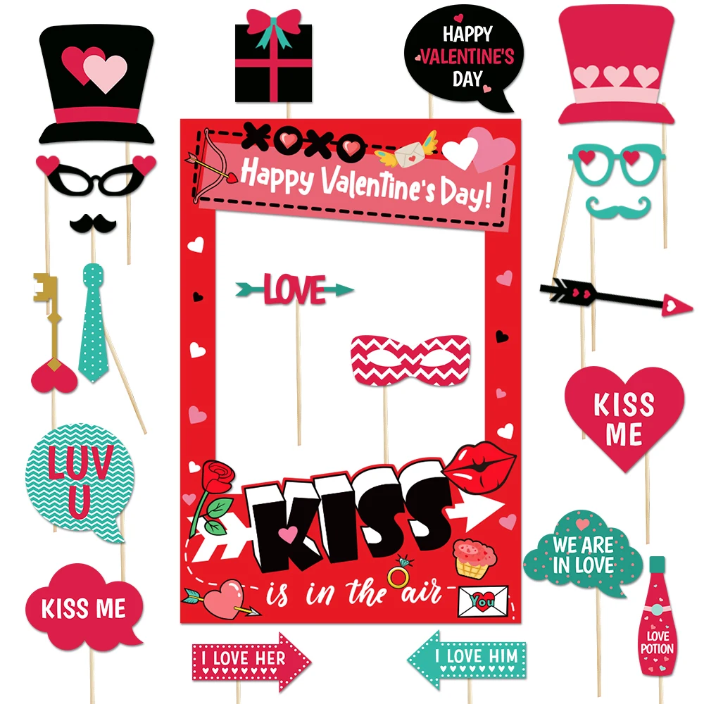 Valentine's Day Photo Booth Props Kit Love Heart XOXO Photo Props With Booth Frame Selfie Wedding Party Decorations