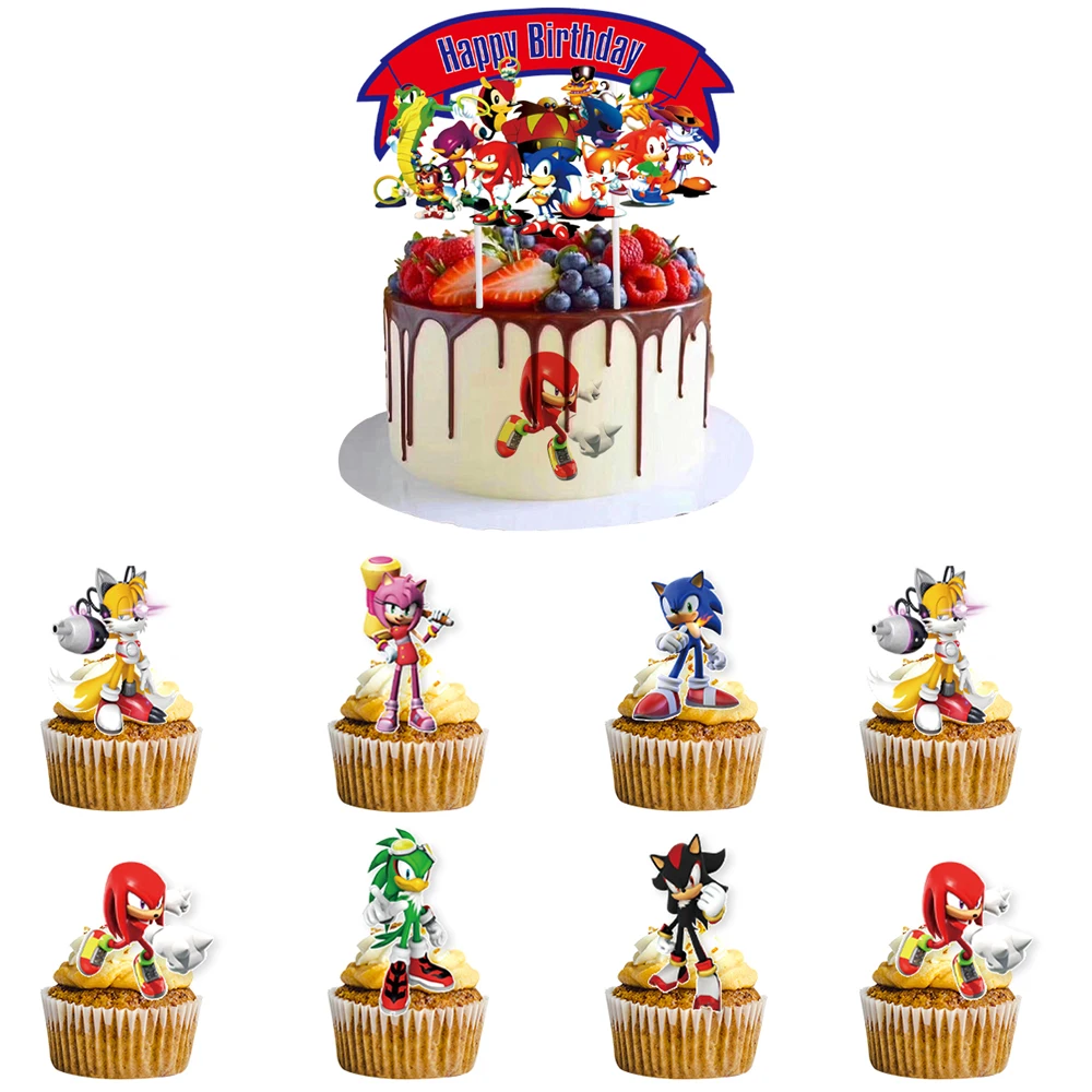 thumbnail image 1 of Adorno para tarta de Sonic the Hedgehog, decoración para fiesta de cumpleaños de dibujos animados, vajilla de papel de Sonic para fiesta feliz, suministros para fiesta de Sonic, 1 of 5