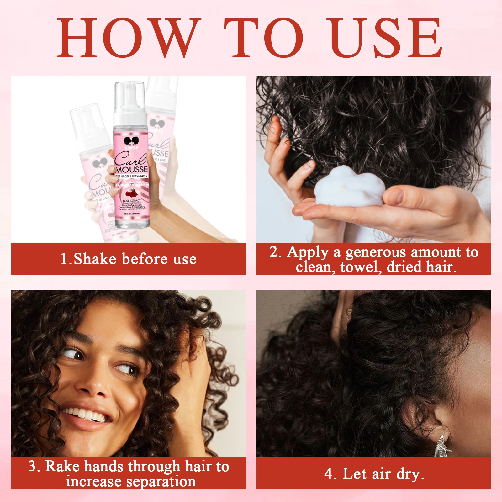 GOIPLE 237ml Natural Rose Extract Curl Mousse Defining Shine Hydrates Control Frizz Wave Enhance Curls Texture Hair Styling Foam