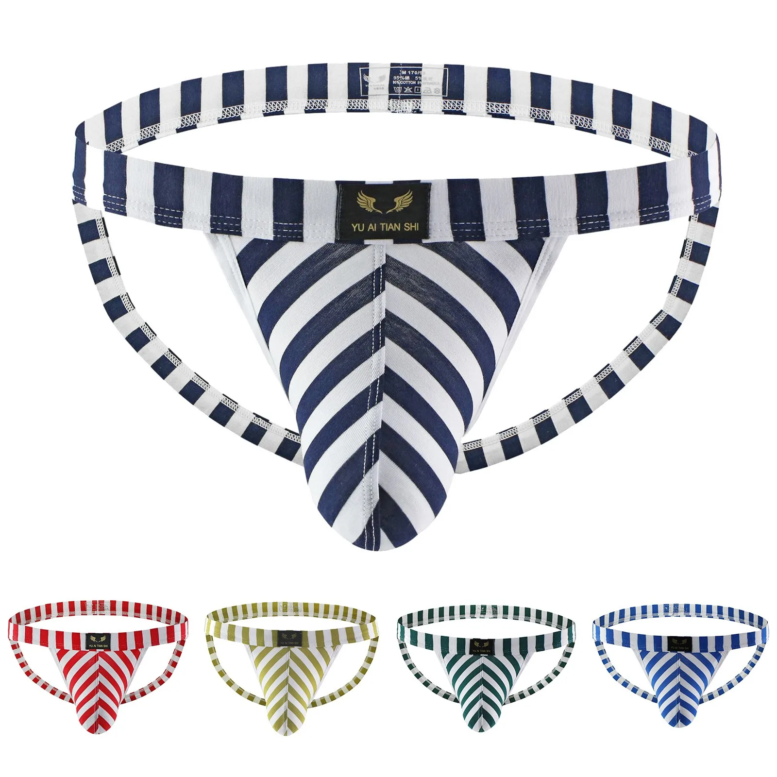 

Male's Stripe Print Double T-Pants Breathable Thongs Quick Dry Jockstrap Low Waist G-String Tangas Men's Panties Clubwear Cueca