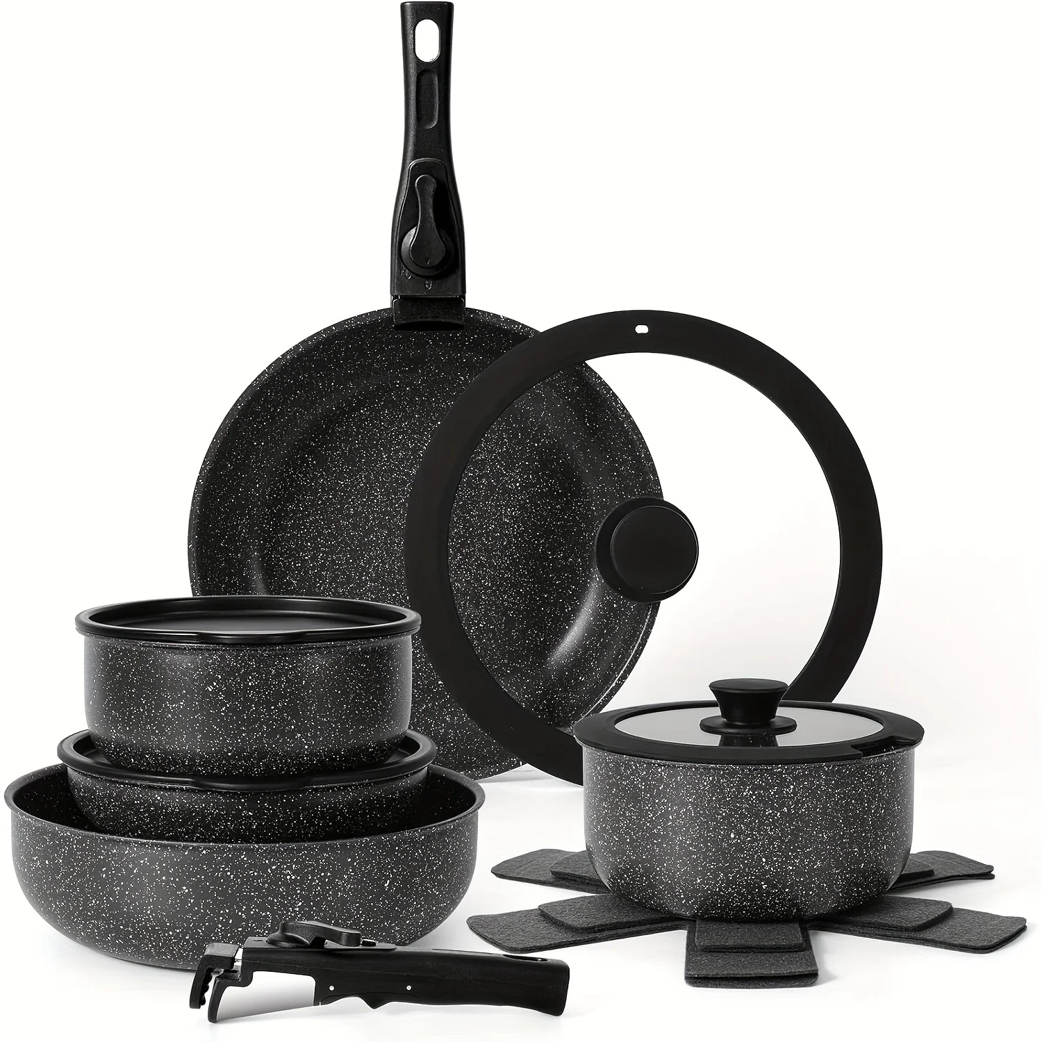 15pcs Pots And Pans Set Non Stick Cookware Sets With Detachable Handle RV Kitchen Cooking Set