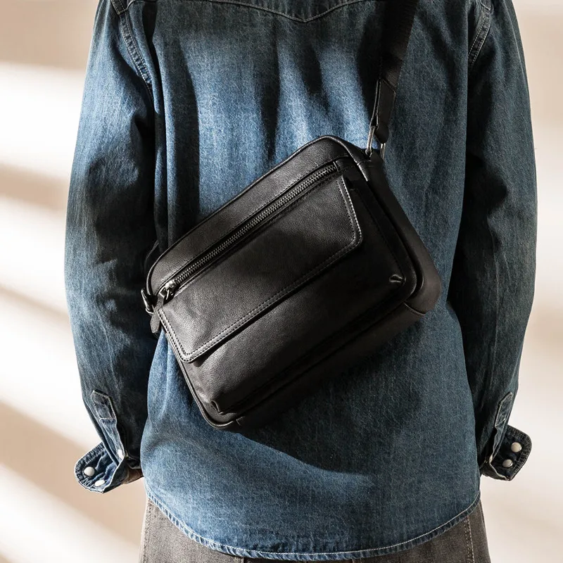 

Outdoor casual high-quality natural real leather men's black shoulder bag daily weekend work party soft cowhide messenger bag