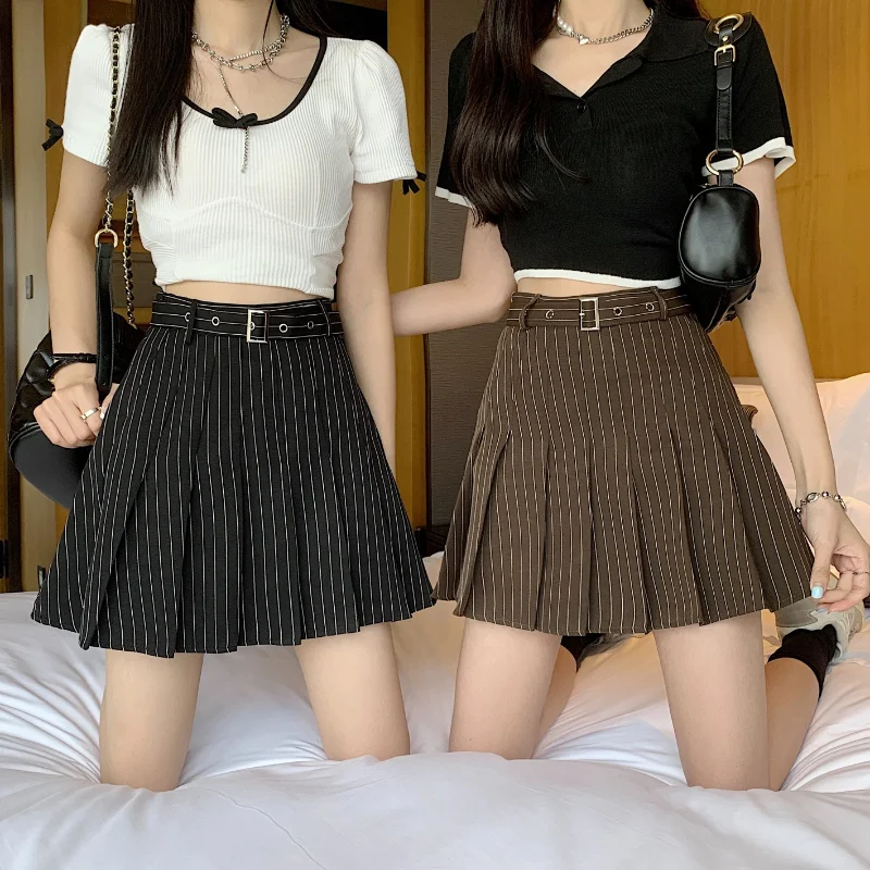 

Preppy Style Striped A-line Mini Skirt Women Summer Korean Fahsion Pleated Skirt Student Punk Japanese Belt Faldas