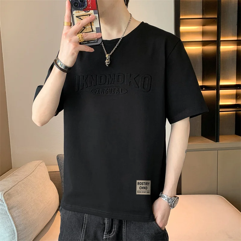 

Men's Clothing Basic Letter T-shirts Short Sleeve Young Style Summer Loose Solid Color Casual O-Neck Patch Designs Pullovers New