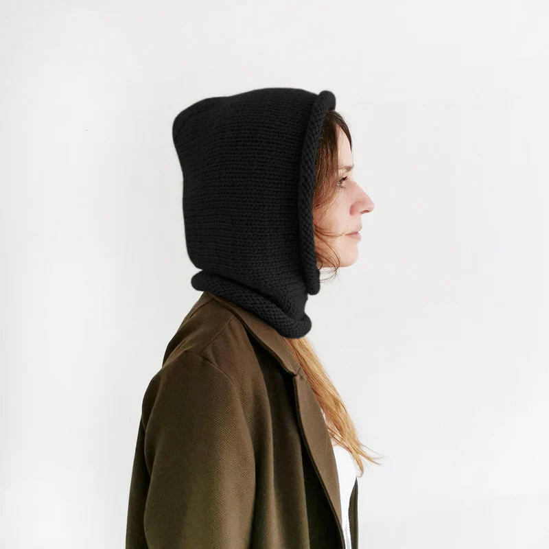 

Winter warm Hand knitted Cashmere balaclava hat women's wool Neck Collar Cap hat Solid Color Hood Elastic knitted hat