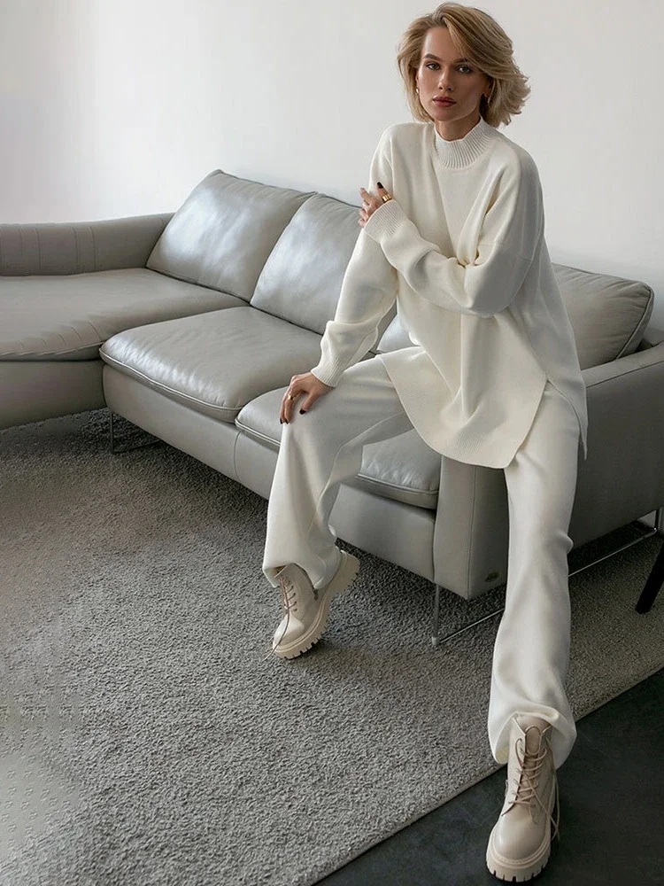 

Sets for Women 2 Pieces Solid Knitted High Neck Split Sweater 2023 Autumn Winter Fashion Casual Lazy Sweater Set Woman Clothing