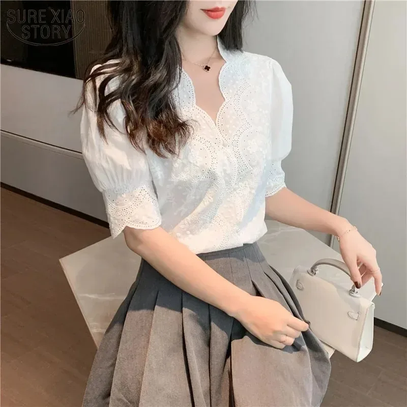 Women's Embroidery Hollow Out Blouse Casual White Tops Short Sleeve Blouses Sweet Summer 2025 13102
