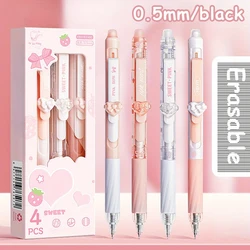 Set of 4 Cute Blue Ink Erasable Pens with Comfort Grip and Fine 0.5mm Tip, Featuring Bow and Strawberry Decorations (Black)
