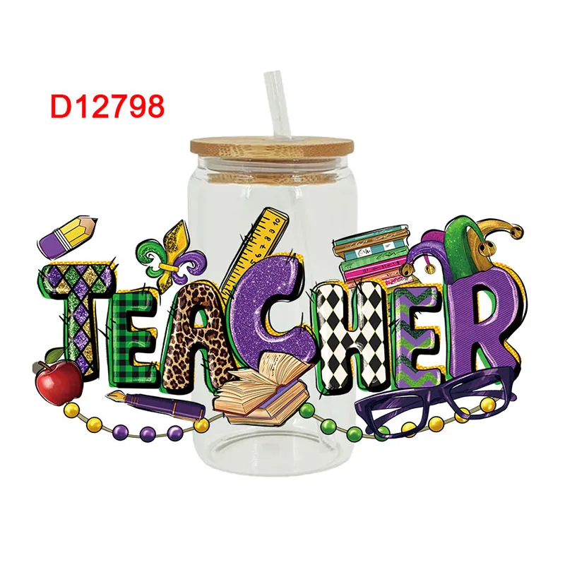 UV DTF Transfer Sticker Teacher for 16oz Libbey Glasses Wraps Bottles Cup Can DIY Waterproof Decals D12283