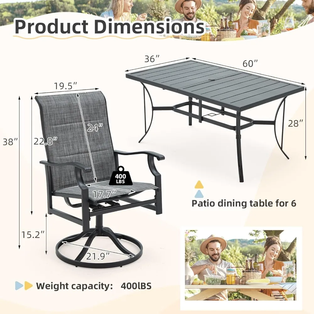 7 Piece Outdoor Patio Dining Set with 6 Swivel Rocker Chairs, Rectangular Metal Table with Umbrella Hole, 6 Person Patio Table a