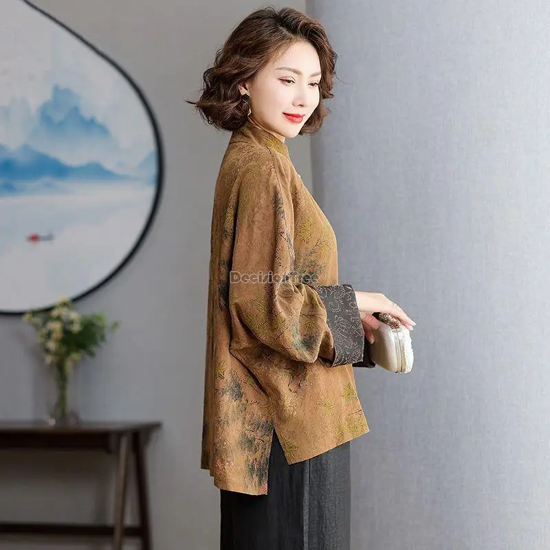 

2023 women chinese tang suit blouse long sleeve stand collar flower printed chinese style spring new loose casual daily top s124