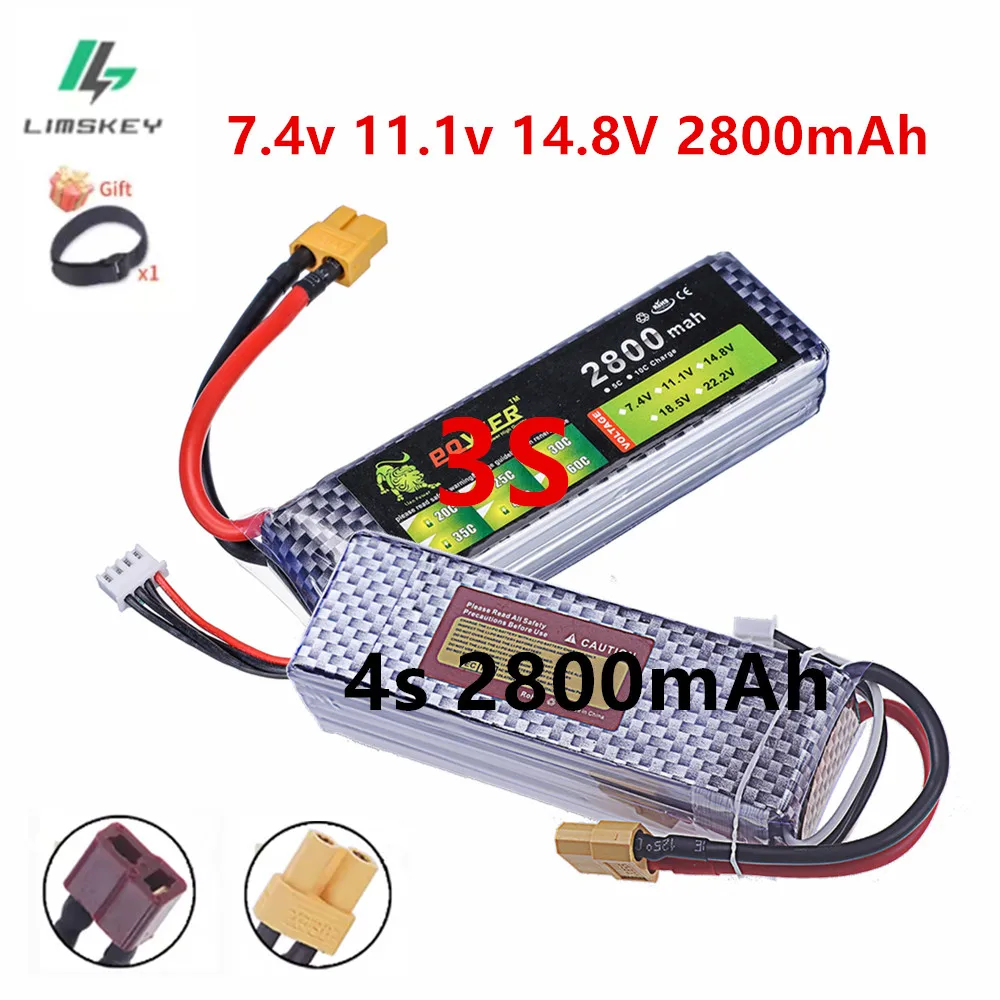 Batterie LiPo rechargeable 2800mAh 7.4V 11.1V 14.8V avec connecteur T ou XT60, de profil montrant l'épaisseur