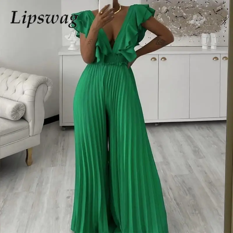 

Fashion Lady Solid Deep V-Neck Party Overall Elegant Women High Waist Pleat Pant Long Jumpsuit High Street Ruffle Edge One Piece